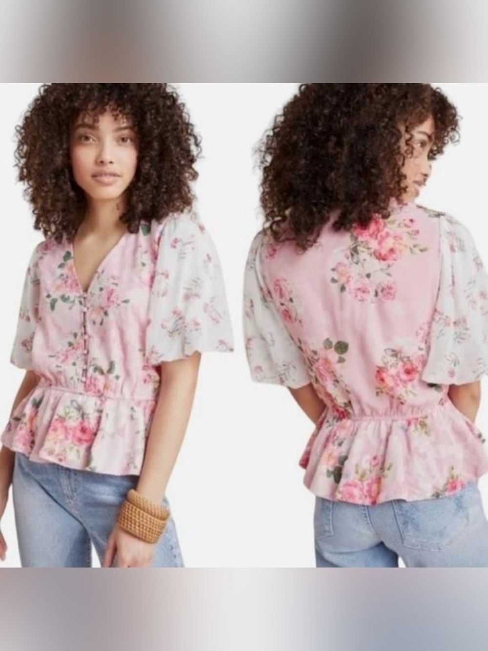 HEMANT & NANDITA Pink Floral Peplum Button-Front Top